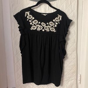 Boho Chic Black Blouse with White Embroidered Flowers by Caslon - Size large